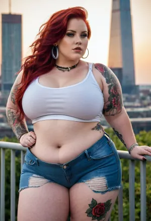 Гипер-жирный толстушки модель с гипер толстыми бедрами и большой круглой задницей, ношение готических татуировок, ходьба современной суеты ветрявые волосы. Высокие детали и реалистичные глаза. Много готических татуировок. Восходное фото с 8