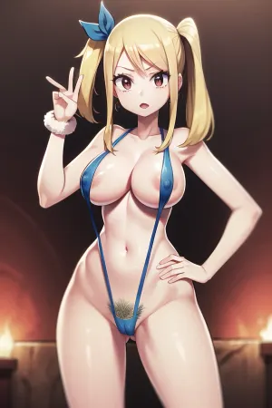 Lucy Heartfilia, the epitome of beauty and grace, wore a one-piece swimsuit with a high-quality picture of herself on the front. Her slingshot swimsuit showcased her curves in all the right places, while still