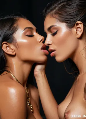 Two young women passionately kiss each other, their bodies pressed together tightly with full lips and intense eye contact. The camera zooms in on their faces, capturing the intensity of the moment