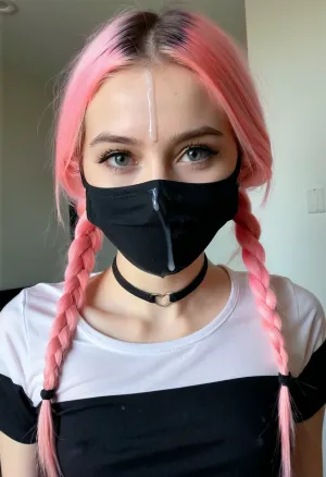 focus on face, face close-up, young beautiful 18 year old white egirl, skinny, (black reusable medical mask with a painted smile:1.2), smiling surprised eyes, pink long straight hair, hair braided into several ponytails, (bright egirl makeup), youth e-girl style tight T-shirt, choker, (a lot of cum on mask:1.3), (highly detailed face:1.2)