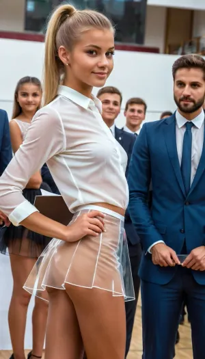 The 18-year-old girl in the award ceremony was wearing a tight and revealing school uniform, which showcased her slim body and gorgeous backside. She had a beautiful face with full lips, big eyes, and long dark hair that cascaded