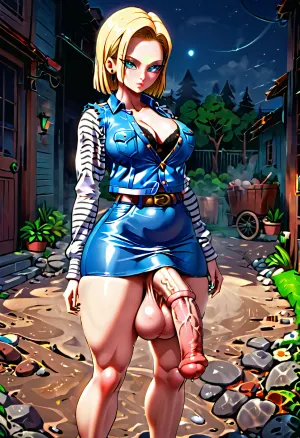 Android 18 was a futanari android with big equine penis and big testicles. She had a mission to explore the world of pornography, but stumbled upon a picture of two men having sex with each other and became curious about the concept of equ