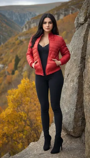 Женщина на снимке носит черную куртку и стоит перед обрывом, с длинными волосами и смотрит в камеру с серьезным выражением лица