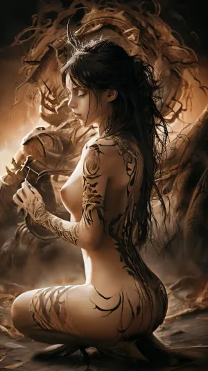 The woman's photo was taken with a professional lighting setup and ultra-realistic skin tone, creating an eerie atmosphere. Her face was detailed and full of intricate details, including veins on her arms and legs. The background was dark with a fire