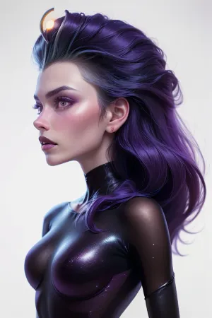 La AI generó una imagen de un traje de cuerpo con piel púrpura y luz romántica oscura, con gradientes de colores púrpura y azul que hizo que el traje se viera como si estuviera brillando. Los guantes estaban hechos de material metálico brillante que reflejaba la luz en diferentes direcciones,