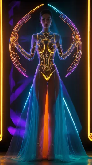 robot dress, elegant, elaborated beautiful woman, busty body, masterpiece, intricate Chrystal dress, mysterious fantasy megacity beyond the end of the multiverse, silhouette of a beautiful naked woman with large breasts, amazing depth, double exposure, steampunk horizon line against the sky, at night, surreal, pattern, geometric patterns, complex detail, perfectly balanced, deep fine lines, artistic photorealism, photorealism, bright colors, 8K, UHD, lots of details, Extreme detail, full of details, <lora:SDXLFaeTastic2400:1>, <lora:210432_training_data:.5>, A transcendent, epic mystical scene, haze, luminous water, (multicolored light), With multicolored light patterns covering her entire body, a light show with futuristic drawings all over her body. body with fluorescent paint, glowing from ultraviolet, bright colors and exquisite details, ultra-high resolution, (UHD C), hyperrealism and wide dynamic range, (DRF), rays of light, surreal futurism, beautiful view, fine details, perfect lighting, (LED backlight), cinematic composition, thanks to bright colors and exquisite lighting it turns out to work out the details realistically, the light sources convey the atmosphere, intrigue and beauty of what is happening, an epic mysterious scene, colorful light, super-detail, high resolution, (transparent silhouette:1.28), (backlight:1.12), (best shadow), (best lighting), best quality, bright and surreal, exquisite details, ultra-high definition, (UHD), (HDR), realistic lighting, creates an atmosphere of intrigue, phosphorescent, (dynamic light), iridescent and fluorescent gamma, breathtaking beauty, super detail, the smallest details