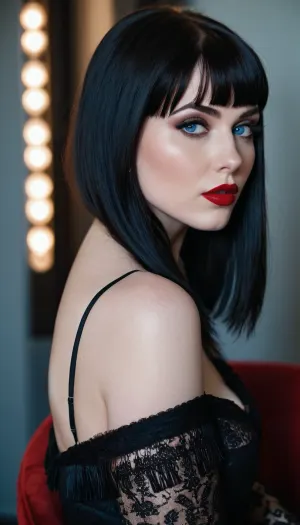 La femme était assise devant son ordinateur, faisant défiler des photos de porno. Elle avait de larges hanches, des cuisses minces et des cuisses épaisses. Sa frange était noire et droite, encadrant sa peau pâle. Ses yeux bleus étaient sombres et séduisants