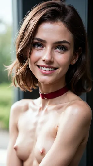 Uma mulher deslumbrante com pele perfeita, alta maçãs do rosto, e músculos tonificados de corpo inteiro está na frente da câmera usando um capricho vermelho que abraça suas curvas perfeitamente. Seu cabelo é puxado de volta para um rabo de cavalo alto, revelando-a delicada