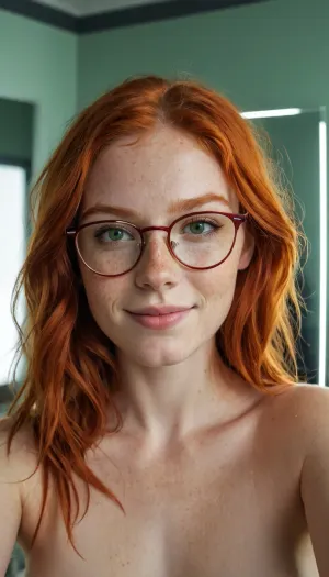 一个带着雀斑和笑容的年轻女子在镜子里自拍,戴着眼镜,微笑着乱七八糟的红发
