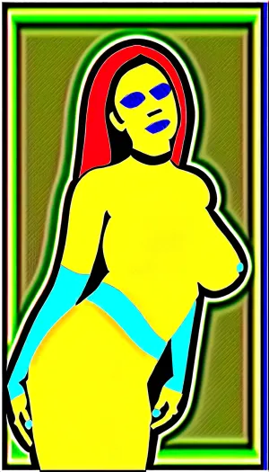 Das junge erwachsene Mädchen auf dem Foto trägt ein topless Outfit mit microwaist Hose und Choker. Sie hat breite Hüften, lange Ärmel, und eine schlanke Figur. Ihr Haar ist gerade und schwarz, ihre Augen sind hell