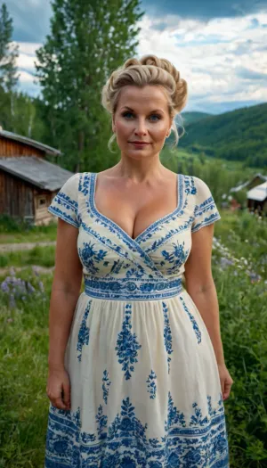 A Finnish mom in her village is wearing a stunning summer dress with an AI-inspired picture on it. She has long, curvy legs and perfect makeup, and her hair is up in a high updo. The picture shows every curve of her