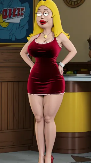 Francine Smith, uma mulher bonita com um corpo muscular e seios completos, usava uma camisa aveludada e vestido solto de veludo vermelho. Ela tinha cabeça e corpo proporcionais, com seios grandes que pareciam reais. Seu cabelo loiro estava amarrado em um