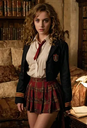 Hermione Granger, a beautiful and sexy Hogwarts student, was caught in the act of reading a book on ancient library shelves. Her curvy body was visible through her thin waist and narrow hips. She had semi-reclined on the