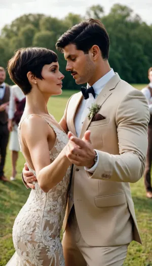 chunky male with black hair in tan suit and brunette pixie haircut female dancing, beautiful faces, at wedding, beautiful wedding dress, beautiful background beautiful suit, highly detailed, cinematic, natural lighting