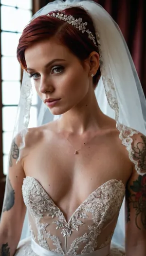 sexy slender 25 year old woman, oily body, body tattoos, pretty makeup, full body, ball gown wedding dress, wedding veil, small breasts, dark red pixie haircut, beautiful face, highly detailed, cinematic, natural lighting