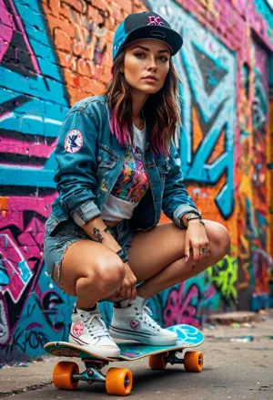 Una donna stava sul suo skateboard, pronto a catturare i colori vivaci del paesaggio urbano. Indossava una telecamera di alta qualità in mano, pronta per qualsiasi cosa. Lo stato d'animo era eccitante ed emozionante, con l'opera d'arte di alta qualità generata