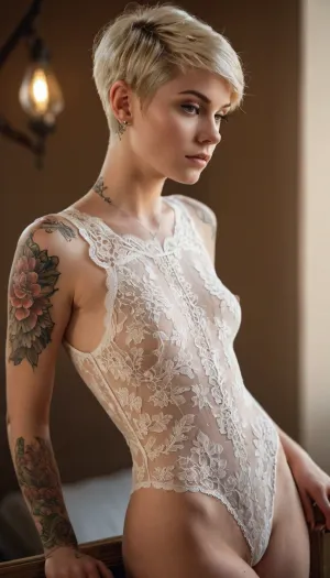sexy slender 25 year old woman, body tattoos, pretty makeup, full body shot, white lace body suit, small breasts, light blonde pixie haircut, beautiful face, highly detailed, cinematic, natural lighting