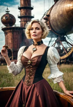 在一个蒸汽朋克统治至高无上的世界里,一个长着短金发和一个60岁大头的女子在人群中露面. 她穿着复杂设计的飞船服 展示她的曲线 突出她的自然乳房