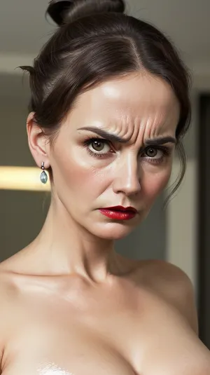 La maîtresse victorienne était furieuse en regardant la caméra, ses seins lourds exposés dans sa robe rouge serrée, et son visage en colère montrant qu'elle n'était pas satisfaite de la situation