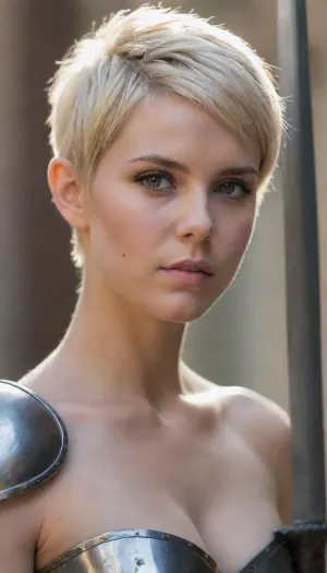 female, scar on face, metal armor, sword, beautiful makeup, no shirt, small boobs, blonde pixie haircut, beautiful face, natural lighting