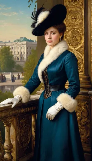 A pintura retrata uma mulher jovem em Nevsky Prospect perto dos pavilhões do Palácio de Anichkov, vestindo um chapéu de veludo guarnecido com penas de luz elegantes, um casaco decorado com peles e fitas, uma muff e luvas de couro finas feitas de