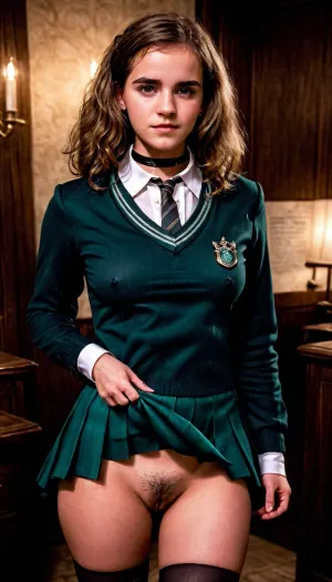 Hermione Granger, a tall and professional-looking woman, lifts her skirt to reveal her hairy pussy. She then pulls out a professional photography and takes a picture of herself with the cute ring on her finger