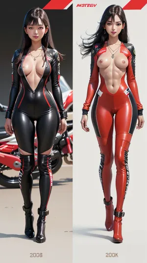 The best AI-generated porn picture of a Japanese Idol girl standing straight with a perfect face, clean eyes, and extremely-detailed skin. She is wearing red motorcycle-outfit and has the best lighting. The photo was taken from front