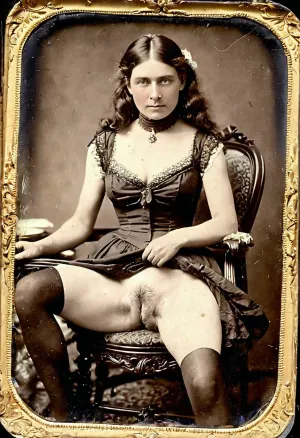 The female houtglass figure sat on a chair, legs spread apart, revealing her pretty victorian lady. She was tintype dry plate, grainy real and sitting to the viewer