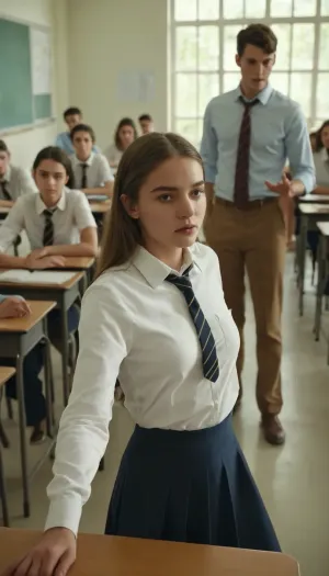 A 18-year-old female student is getting fucked doggystyle by a man in a picture, while the students watching in the background are aroused and fascinated