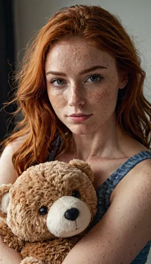 Eine schöne Ingwer-Frau mit Frackles auf ihrem Gesicht, umarmt einen Teddybär und trägt ein Plushie Nachthemd. Sie hat Frackles über ihren Körper und dimmly beleuchtete Augen. Die Beleuchtung im Raum ist