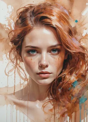 Agnes Cecile's copper brush strokes and pastel hues create a mesmerizing portrait of a woman, reimagining traditional techniques with copper elements and ink drips. The luminous designs and pastel hues interact with traditional techniques,