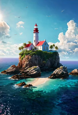La piccola isola con il faro in cima era una bella vista da vedere, con il suo cielo dipinto rosa e blu e due piccole isole visibili in lontananza. L'acqua era cristallina e rifletteva perfettamente i colori del cielo, mentre gli uccelli volavano intorno