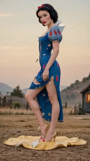 Biancaneve, una donna bella e sofisticata, si trovava di fronte alla telecamera indossando un abito a tutta lunghezza con le gambe bianche in neve che la rendevano ancora più seducente. I suoi lunghi capelli le caddero sulla schiena, e i suoi seni furono esposti