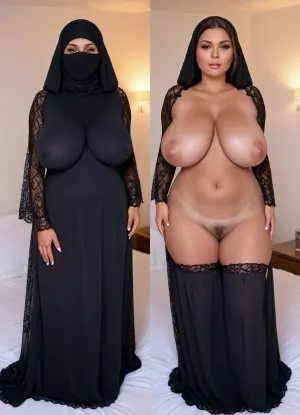 La historia porno generada de AI es acerca de un milf rizado de grasa súper bullicioso con burqa negra, sin ropa interior, y con un hermoso enorme pecho