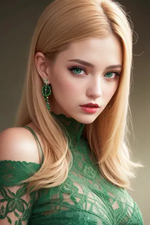 La bella moglie tettona indossava un vestito in pizzo con gioielli smeraldo off-shoulder. Aveva un'immagine ultra alta e un testo che mostrava i suoi capelli biondi, il trucco della moda e le labbra scintillanti. Il suo colore verde occhi si è alzato