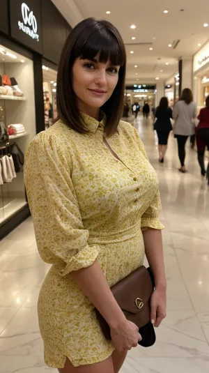 A costureira procurou através da seção lingerie do shopping e encontrou um vestido sexy, revelando que pegou seu olho. Ela tentou e posou na frente do espelho, admirando como abraçava suas curvas e acentuava seu natural