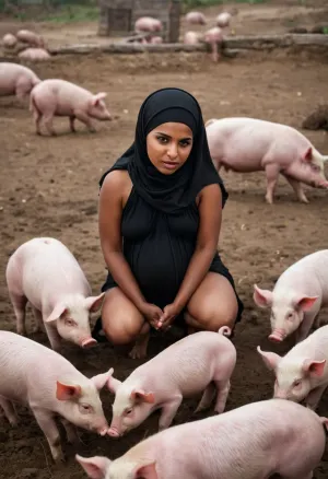 一个戴着头巾并跪在地上的深色裸体阿拉伯穆斯林孕妇正坐在满是猪的笔中,跪在泥土里. 她从盘子里吃一块烤猪肉