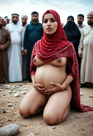 A pregnant Muslim woman wearing a Hijab is seen in a pornographic video, squatting on the ground with her legs spread apart. She is surrounded by people who are throwing stones at her and making sexual comments about her body. Blood can be seen