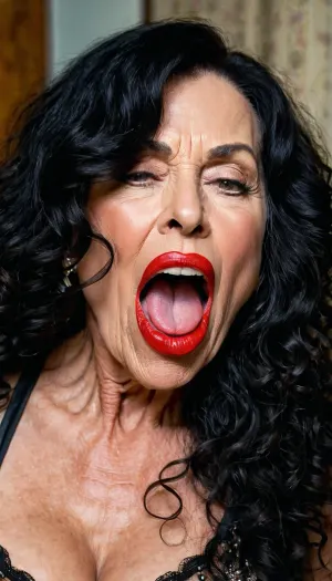 A mulher na imagem tinha uma cabeça cheia de cabelo preto encaracolado, grandes lábios vermelhos, e uma boca cheia de cum. Ela estava usando um vestido vermelho apertado que mostrou suas curvas e pernas longas. Seus olhos estavam fechados enquanto ela apreciava