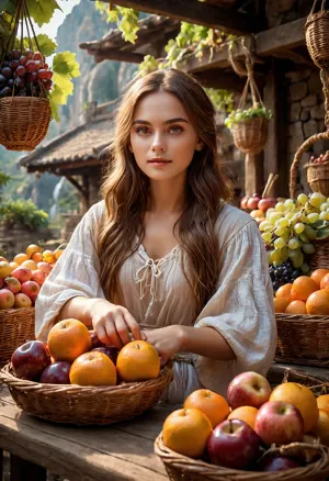 Изображение показывает красочную и мирную сцену корзины, наполненной различными видами фруктов, включая яблоки, апельсины, виноград и бананы. Киоск окружен камнями и растениями, что добавляет безмятежной атмосферы