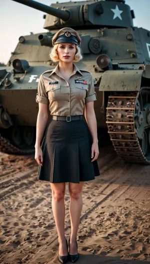 Una mujer WWII USA Army Officer estaba frente a un tanque Sherman, su fotografía profesional DSLR con una cámara Canon capturando la más alta calidad. Su cuerpo HD 8K era visible a través de la camisa, y su enfoque suave en el fondo era perfecto para