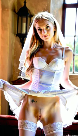 Una giovane bella ragazza con lunghi capelli biondi ondulati indossava un guanti di pizzo bianco e un'immagine ad alta risoluzione del suo sorriso sullo sfondo. Lei era in piedi davanti a un edificio di chiesa alto con molte persone intorno a lei, tutti sorridenti e scattare foto