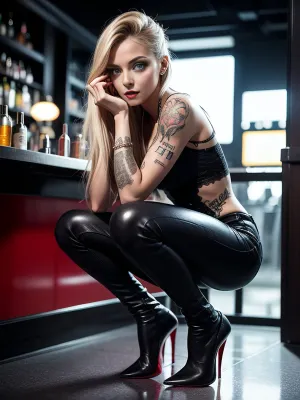 The woman in the picture is wearing a hyperrealistic stunningly beautiful costume with elements of modern fetish, including hyperrealistic stunningly beautiful features, classic tailoring style from head to toe, make-up and accessories in fetish style,