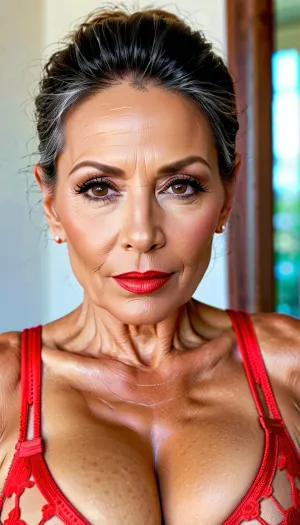 Beautiful mature woman, colombian, 65 years old, busty milf, bimbo milf, beautiful, realistic, very well-groomed skin and hair, ponytail style, brown eyes, narrow nose, subtle make-up, red lips, full lips, bitchy face, tanned skin, big, lips, wearing a transparent balconette bra