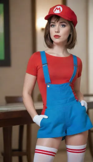 她穿着红色的裙子在人行道上摇摇欲坠,在路人眼里摇摇欲坠,路人不禁盯着她引人注目的马里奥主题服装. 她明亮的红手套和长长的流发 增加了她的信心