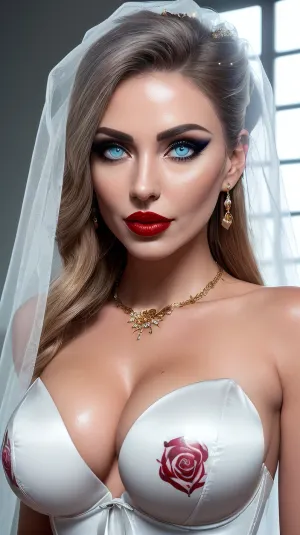 一个乌克兰女人,长着可爱的面容和大漂亮的身体,为摄影师摆姿势,身着婚纱和天然乳房. 照片记录了她身体的美貌 和她的表情