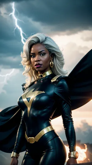 Ororo Munroe, the powerful black female superhero, stands confidently in a form-fitting white and gold costume with a black cape. She has long hair and striking features, including bold red lips and piercing eyes. The background features dramatic clouds