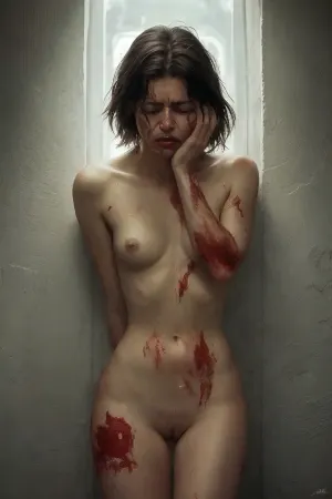一个女人的脸被瘀伤和擦伤覆盖,她的身体被殴打和流血,她在暗房的角落里哭着