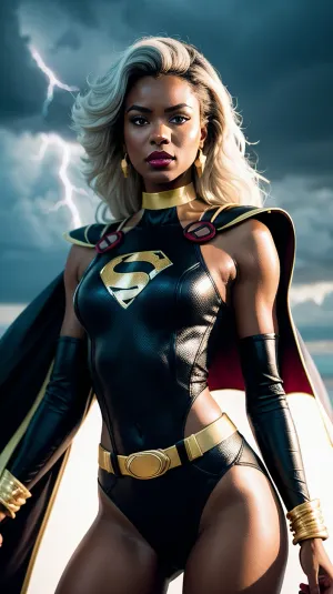 Storm, una potente supereroe femminile nera, si trova con fiducia in un costume bianco e oro con un mantello nero. Ha lunghi capelli bianchi e caratteristiche sorprendenti, tra cui labbra rosse audace e occhi piercing. Lo sfondo presenta nuvole drammatiche