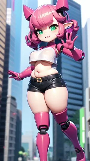 Une jolie femme robot chibi avec short court rose et vert, de larges hanches, seins parfaits, joues potelées, et une jambe couverte de bas se tient sur la rue en agitant bonjour aux passants. Son corps 3DMM est fait
